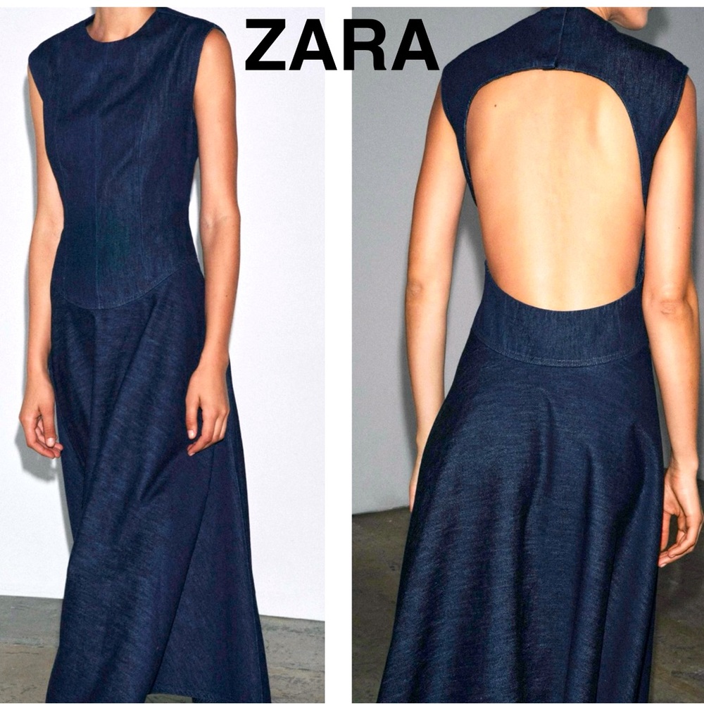 ZARA Sleeveless Denim 100% Cotton Open bback Midi Dress - Size S - NEW